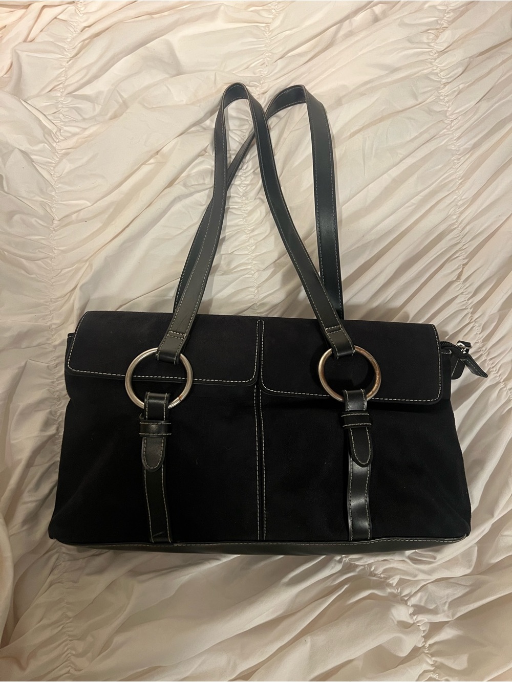 Black Shoulder Tote Bag with Ring Detail
